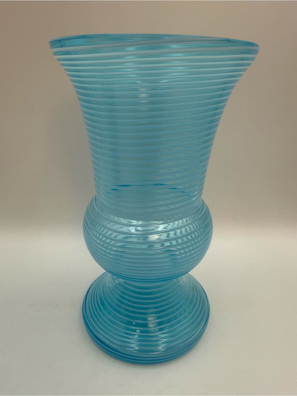 Vintage Art Glass Vase Blue And White Swirl/ Threaded